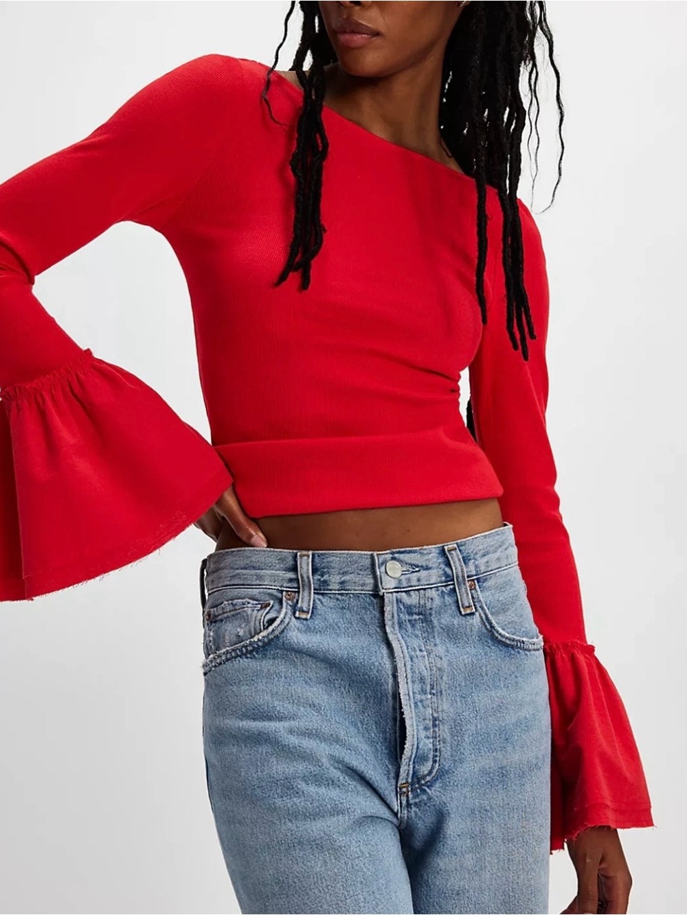 Free People Tomato Red In Our Moment Ribbed Bell Sleeve Shirt Sz XS Scooped Back